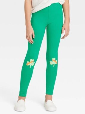 ⭐️ Cat & Jack Bright Green Leggings with Clover Knee Appliqués Size XS (4/5)